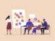 Vector cartoon illustration of a group of diverse people sitting at a table with a woman standing in front of them next to a board with stickers. Isolated on background