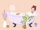Vector illustration of a woman in a bubble bath. Girl wears a facial mask and headband, surrounded by lavender flowers, candles, glass vases, natural skincare products. Aromatherapy and self-care