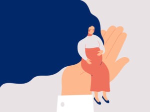 Healthy pregnant woman sitting on big doctor's hand. Prenatal care helps ensure a healthy pregnancy. Psychological and medical vector concept