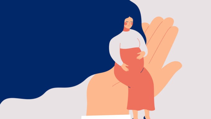 Healthy pregnant woman sitting on big doctor's hand. Prenatal care helps ensure a healthy pregnancy. Psychological and medical vector concept