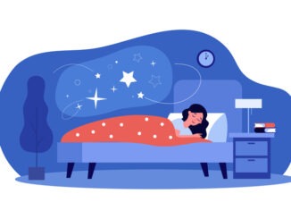 Woman sleeping in her bedroom. Peaceful person resting in bed with stars in cloud bubble. Flat vector illustration for dream, comfort, night, nighttime topics