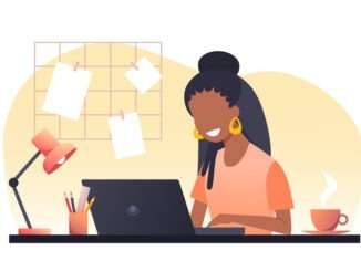 A young woman with dark hair works on a laptop. Work from home. Freelance. Stay at home. Vector flat illustration.