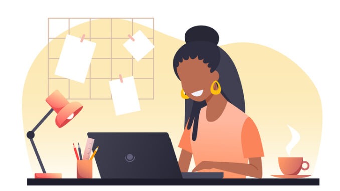 A young woman with dark hair works on a laptop. Work from home. Freelance. Stay at home. Vector flat illustration.