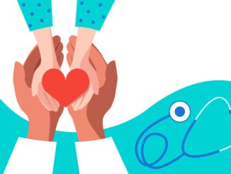 The hands of the pediatrician doctor and the hands of the child hold the heart. Medical care concept for children. Banner design. Stock vector illustration.