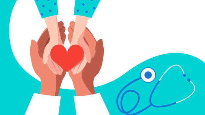 The hands of the pediatrician doctor and the hands of the child hold the heart. Medical care concept for children. Banner design. Stock vector illustration.