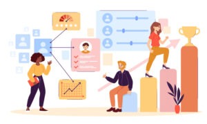 HR Employee performance evaluation and work improvement concept with multiethnic colleagues. Career growth, improving the efficiency of personnel. Flat cartoon vector illustration. Abstract metaphor