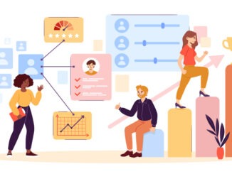 HR Employee performance evaluation and work improvement concept with multiethnic colleagues. Career growth, improving the efficiency of personnel. Flat cartoon vector illustration. Abstract metaphor