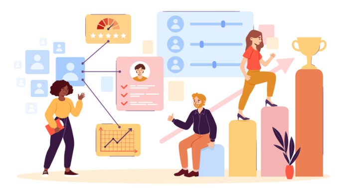 HR Employee performance evaluation and work improvement concept with multiethnic colleagues. Career growth, improving the efficiency of personnel. Flat cartoon vector illustration. Abstract metaphor