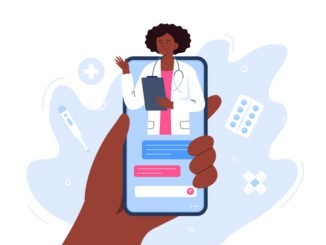 Hand holding smartphone with a female therapist on chat. Video call with doctor. Online medical services, consultation and telemedicine concept. Vector flat illustration.