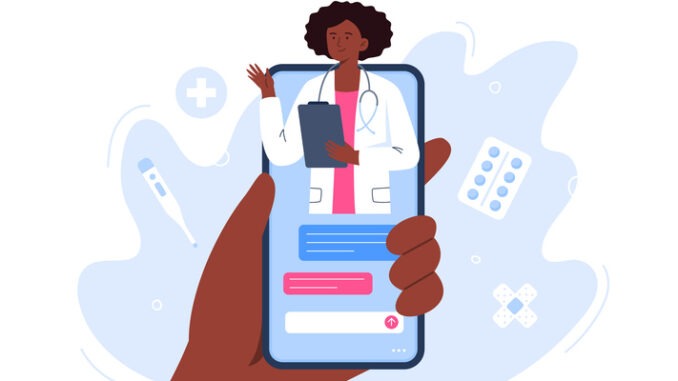 Hand holding smartphone with a female therapist on chat. Video call with doctor. Online medical services, consultation and telemedicine concept. Vector flat illustration.