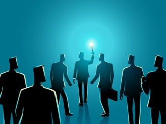 Business concept of a businessman with torch leading another businessmen behind him, vector illustration