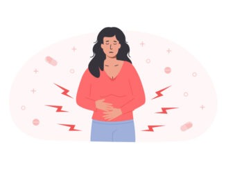 Menstrual pain. Young woman having abdominal cramps or PMS symptoms. Female character during menstrual monthly cycle having discomfort in her stomach and taking painkillers. Vector flat illustration