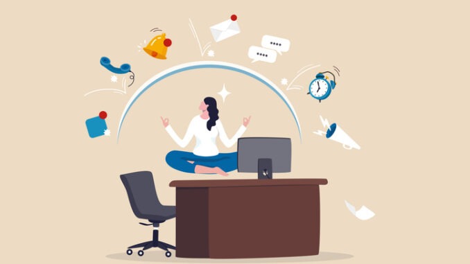 Distraction at work, annoyed disturb notifications, noise or trouble to focus or concentrate, inattention alert in the office, focus concept, businesswoman meditate protect distractions office desk.