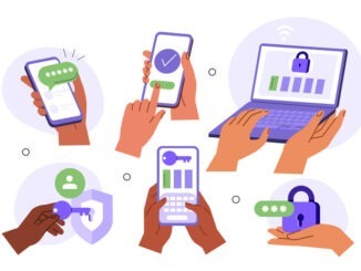 Characters hands holding smartphone, laptop and typing two factor authentication code, pin to verify their id and security access. Vector illustration.