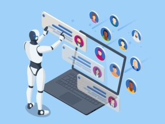 An isometric robot processes employee or personnel databases, handling data analysis. Acting as an HR manager, it leverages artificial intelligence for big data insights. Robot HR manager