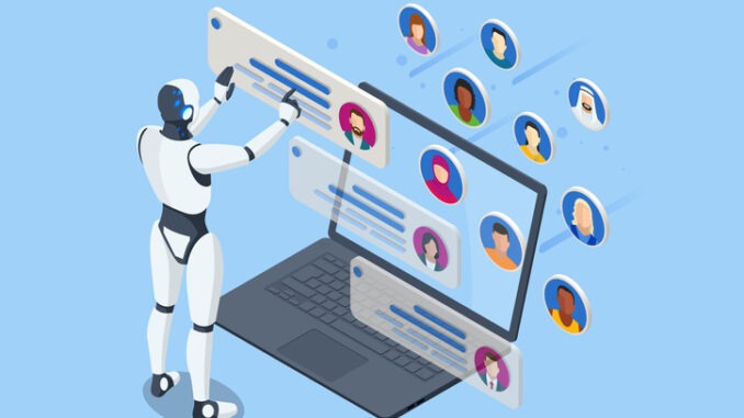 An isometric robot processes employee or personnel databases, handling data analysis. Acting as an HR manager, it leverages artificial intelligence for big data insights. Robot HR manager