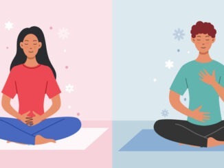 Deep breath and mindfulness. Man and woman sit in lotus position, meditate and take care of mental health. Calm and relaxed characters. Psychological stability. Flat vector illustration collection