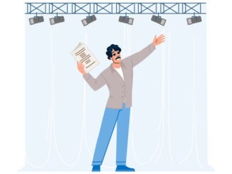 Cartoon man actor performing dramatic monologue on a theater stage, holding a script, under spotlights, representing concepts of acting, drama, rehearsal, and live performance