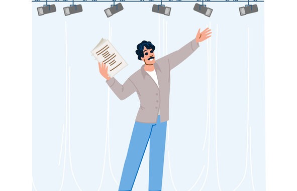 Cartoon man actor performing dramatic monologue on a theater stage, holding a script, under spotlights, representing concepts of acting, drama, rehearsal, and live performance