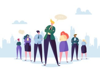 Group of Business People Characters with Leader. Teamwork and Leadership Concept. Successful Businessman Stand Out in Front of Flat People. Vector illustration