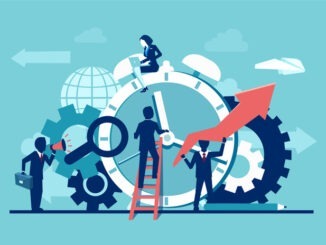 Vector of businesspeople company team working around alarm clock rings on blue background. Time management concept