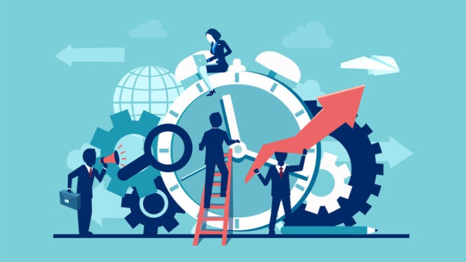 Vector of businesspeople company team working around alarm clock rings on blue background. Time management concept