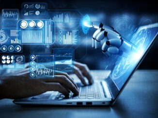 Artificial intelligence AI research of robot and cyborg development for future of people living. Digital data mining and machine learning technology design for computer brain communication.