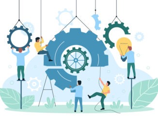 Implementation and integration of innovations into business process. Cartoon tiny engineers and developers work with system of gears, light bulb flat vector illustration. Solution, development concept