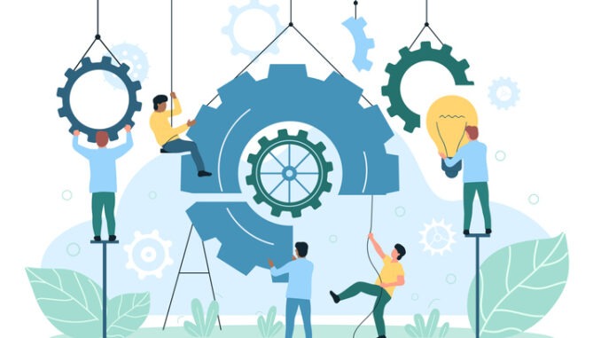 Implementation and integration of innovations into business process. Cartoon tiny engineers and developers work with system of gears, light bulb flat vector illustration. Solution, development concept