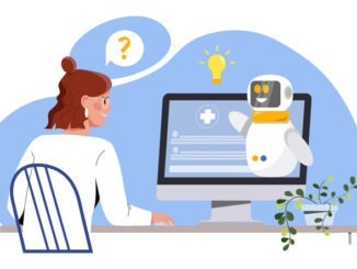 Medical chat bot concept. Artificial intelligence and machine learning. Robot advises client, answers questions. Diagnosis, health care and treatment. Cartoon flat vector illustration