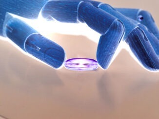 Robot hand holding a pill , Innovation in biotechnology, microbiology, nanotechnology, glowing pills with electronic circuits in blister packagings, innovation tablet, conceptual illustration of medical progress for health