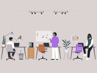 In a modern office setting, three individuals focus on their laptops while one actively discusses ideas with the group, Colorful furniture and plants enhance the inspiring atmosphere