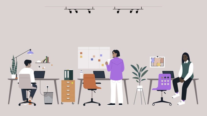 In a modern office setting, three individuals focus on their laptops while one actively discusses ideas with the group, Colorful furniture and plants enhance the inspiring atmosphere