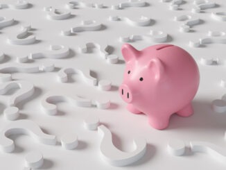 Pink piggy bank standing among white question marks on white background. Illustration of the concept of investment strategies and economic forecast