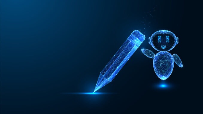 AI-powered creative writing and education concept. Futuristic chatbot with digital pencil. Smart learning, content creation, and automation. Modern vector illustration on dark blue background