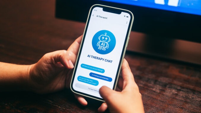 AI therapy chat app on smartphone for mental health support. Emotional, wellbeing assistant concept