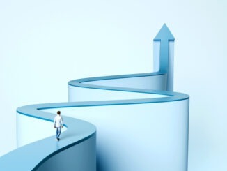 Man walking along a winding elevated path ending in an upward arrow representing non-linear career growth and success, 3d render