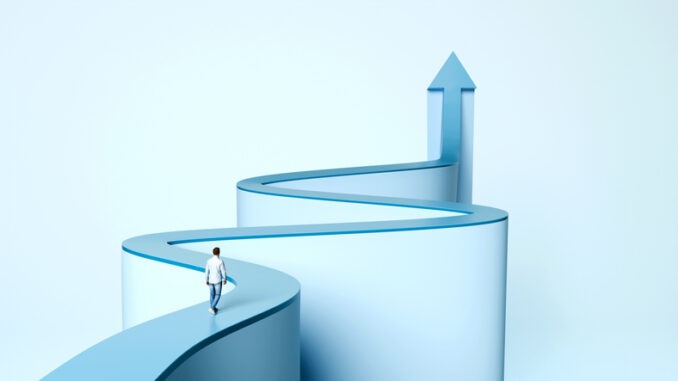 Man walking along a winding elevated path ending in an upward arrow representing non-linear career growth and success, 3d render