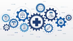 Medical icon with rotating mechanism of gear parts. Health insurance business, diagnostics, and healthcare design.
