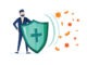 Immune system vector icon logo. Health bacteria virus protection. Medical prevention human germ. Healthy man reflect bacteria attack with shield. Boost Immunity with medicine concept illustration