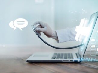 Virtual doctor concept, The doctor's hand with stethoscope protrudes from the laptop screen to examine the patient. Online consultation, Virtual hospital and online therapy.