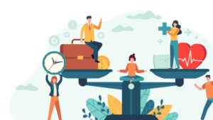 Health and work on scales. People balance job, money and sleep