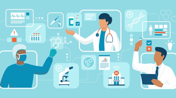 Doctors and scientists working together: treatment, medical research and innovation