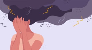 Conceptual stock vector illustration for psychology, mental distress, depression, exhaustion, burn out, fear, anger and mental problems. Stressed, unhappy girl or woman is under a storm of negative emotions with lightning and rain.
