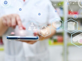 Pharmacist using mobile smart phone for search bar on display in pharmacy drugstore shelves background. Online medical concept
