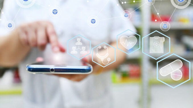 Pharmacist using mobile smart phone for search bar on display in pharmacy drugstore shelves background. Online medical concept