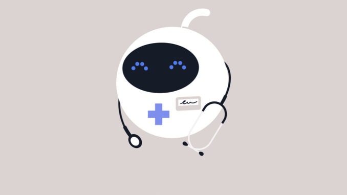 A cute round robot wearing a stethoscope, new technologies and lifestyle