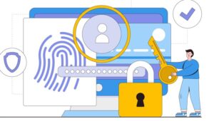 data protection concept with people characters. Outline design style minimal vector illustration for landing page, web banner, infographics, hero images.