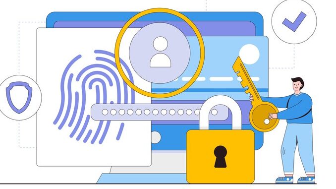 data protection concept with people characters. Outline design style minimal vector illustration for landing page, web banner, infographics, hero images.