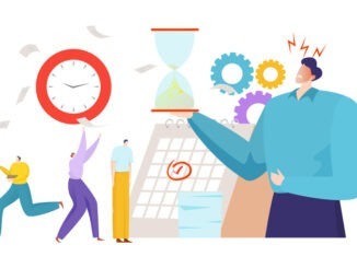 Business time management deadline stress job, company leader hold hourglass final date flat vector illustration, isolated on white.